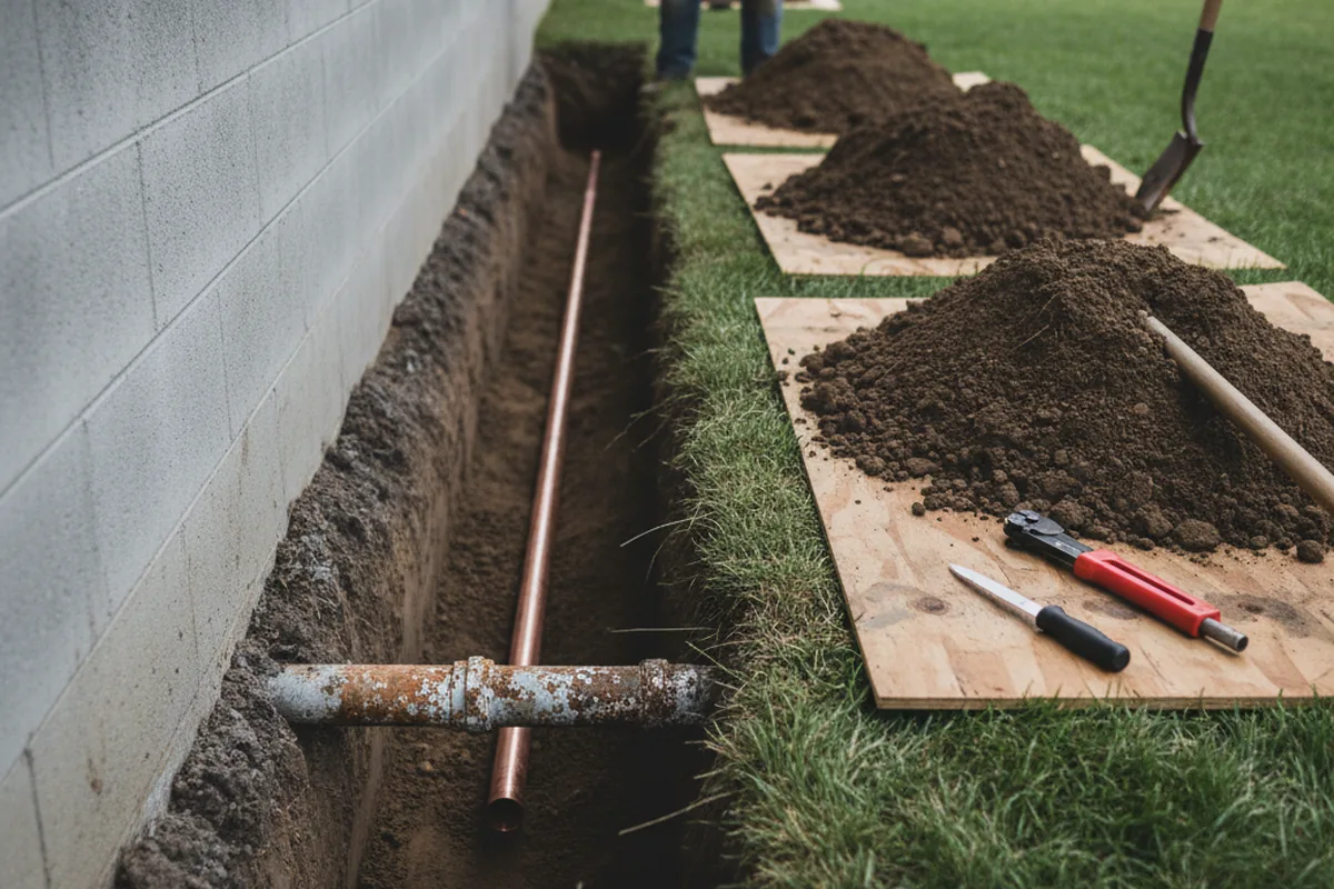 Excavated water line trench during Sewer Line Repair in Dawson
